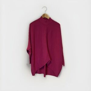 Studio Park Sweater L  Magenta Mock Neck Batwing Dolman Sleeve Asymmetrical Hem